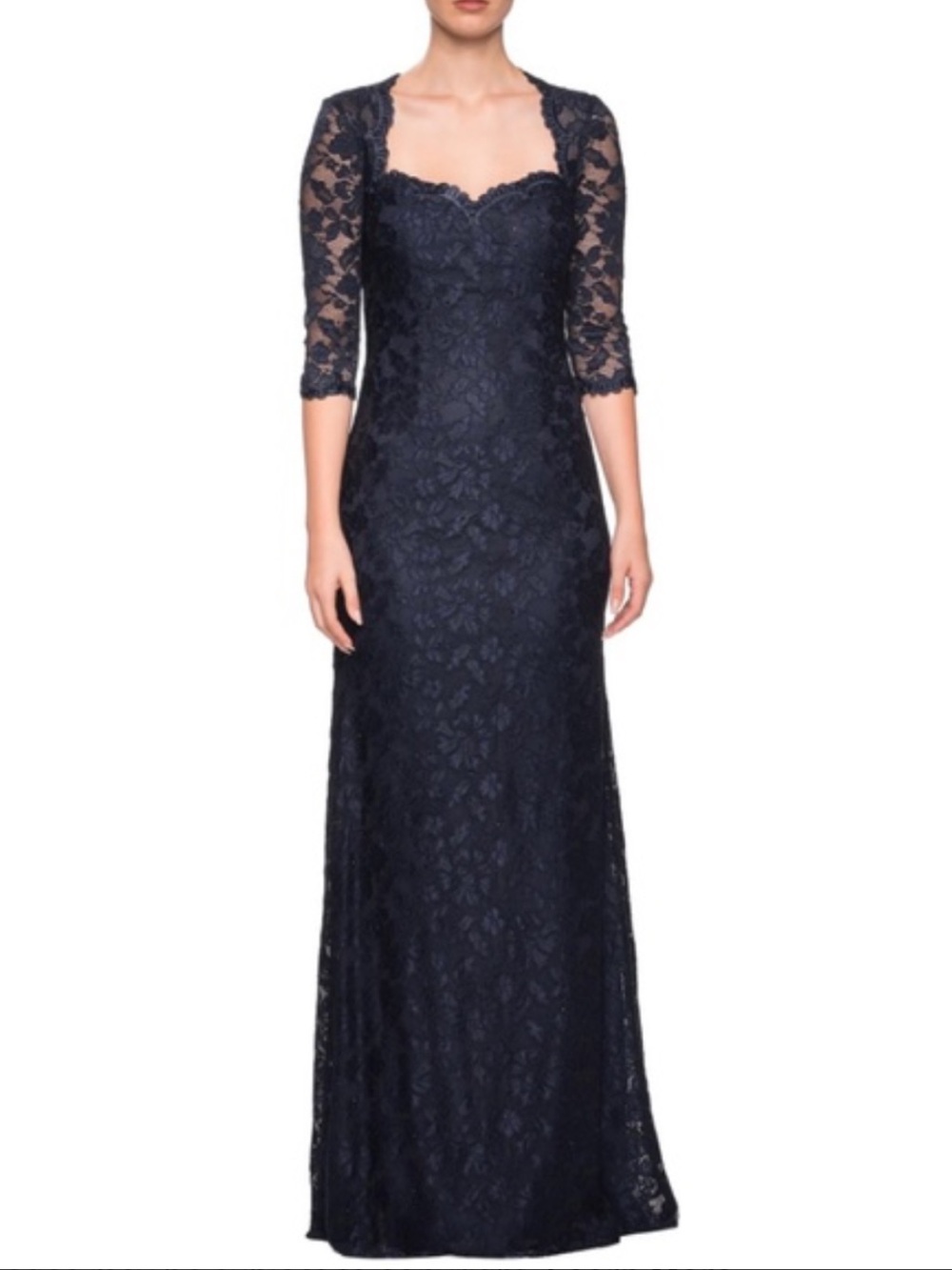 LA FEMME Long Lace Sweetheart Neckline Gown NEW Size 14 Navy Dress